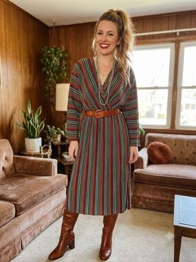 Pull&Bear Pleated Plisse Striped Wrap Midi Dress Rust Teal S